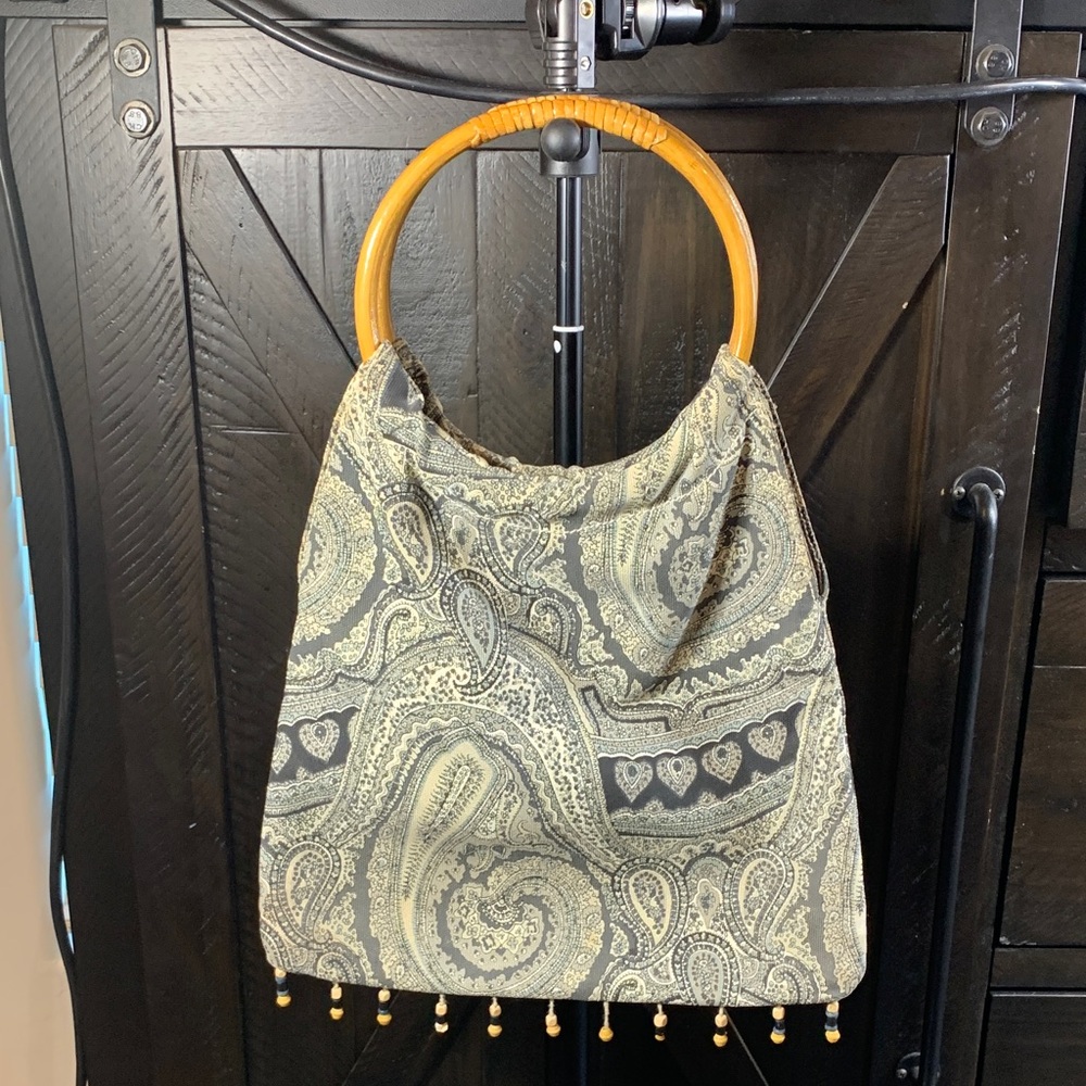Old Navy Boho Paisley Wooden Handle Bag with Beaded Trim – Y2K Vintage